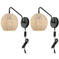 SAFAVIEH Grigory Tungsten Black Metal Wall Sconce with Light Brown Rattan Shade, Set of 2