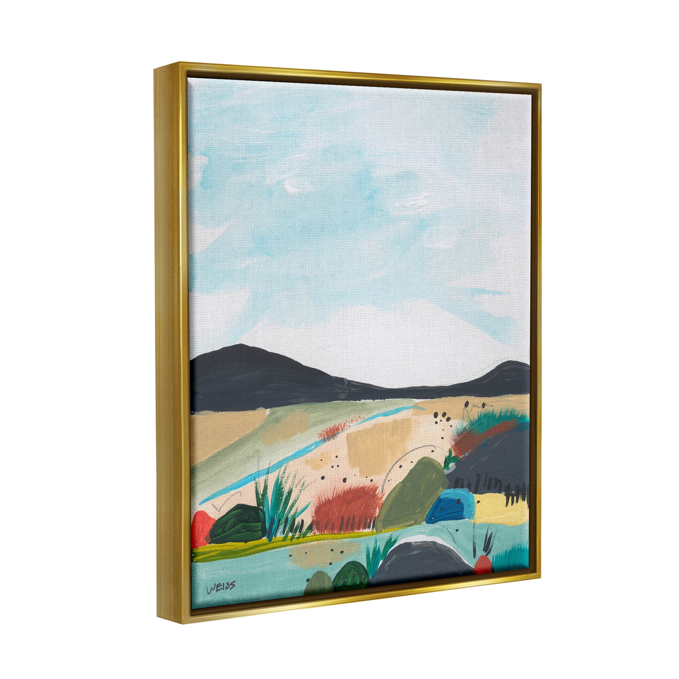 Stupell Industries Riverside Mountain Landscape Scene Painting Metallic Gold Floating Framed Canvas Print Wall Art, Design by Jan Weiss