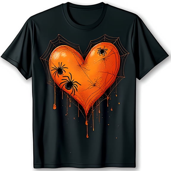 Spooky Black T-Shirt with Creepy Heart in Spider Web & Dripping Blood Design