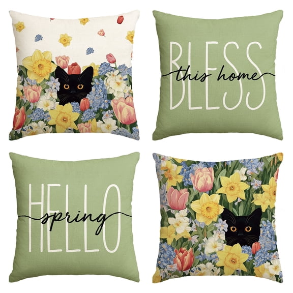 Sm:)e Flowers Bless Spring Cat Throw Pillow Covers Set of 4,18x18 Inch,Multicolor