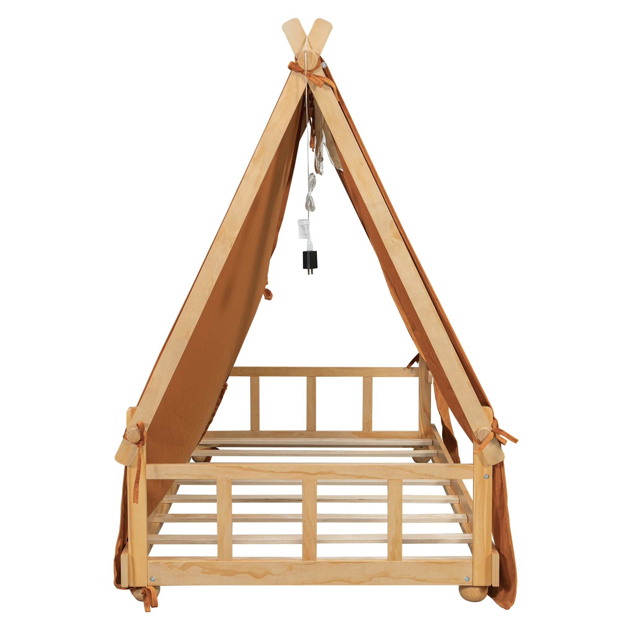 House Bed Twin Size, Wooden Floor Bed Frame with Detachable Tent and Skylight Light, MDF+LVL Construction for Kids Bedroom and Playroom, Brown