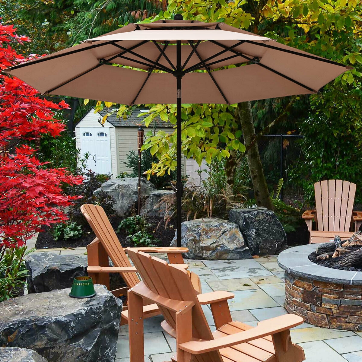Gymax 10ft 3 Tier Patio Market Umbrella Aluminum Sunshade Shelter Double Vented Beige