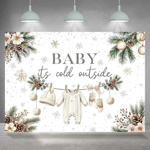 Winter Christmas Baby Shower Backdrop Baby It's Cold Outside Background Green Pine Floral Snowflake Baby Shower Party Decorations Banner Supplies Photo Booth Props