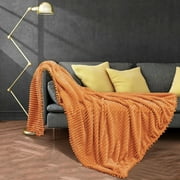 DISSA Flannel Fleece Blankets with Pompom Fringe Lightweight Soft Throw Blanket Fit Sofa Bed(Orange,51x63)