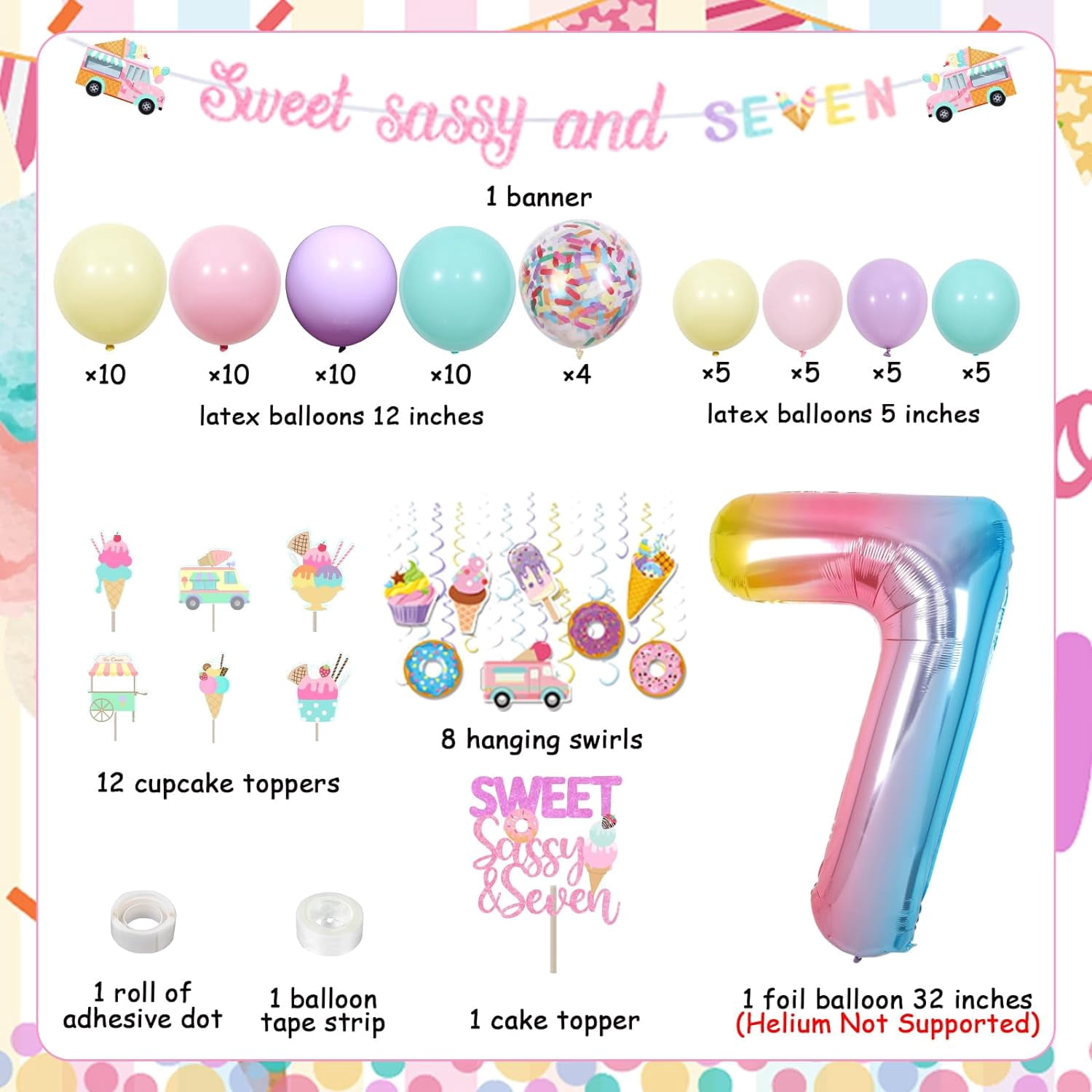 Sweet Sassy And Seven Birthday Decoration, Ice Cream 7th Birthday Decoration Banner Cake Cupcake Topper Hanging Swirls Balloon Garland Arch Kit for Girl Summer Ice Cream Theme 7th Birthday