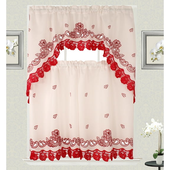 Kathy Macrame Embroidery Design Kitchen Curtain with Swag and Tier Set 36 inch Burgundy and Cream Color