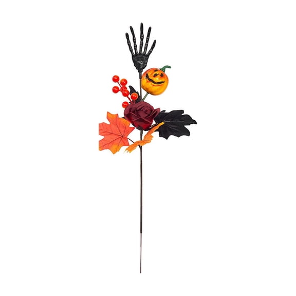JWZZYD Halloween Spooky Floral Pick with Skeleton Hand, 19.7" Burgundy Rose, Red Maple Leaf & Red Berries, Artificial Fall Stem for Wreath, Vase, Halloween Table Party Decor, 1 Pack