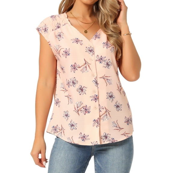 DARING DIVA Women's Floral Shirt V Neck Cap Sleeve Smocked Shoulder Tops S Pink