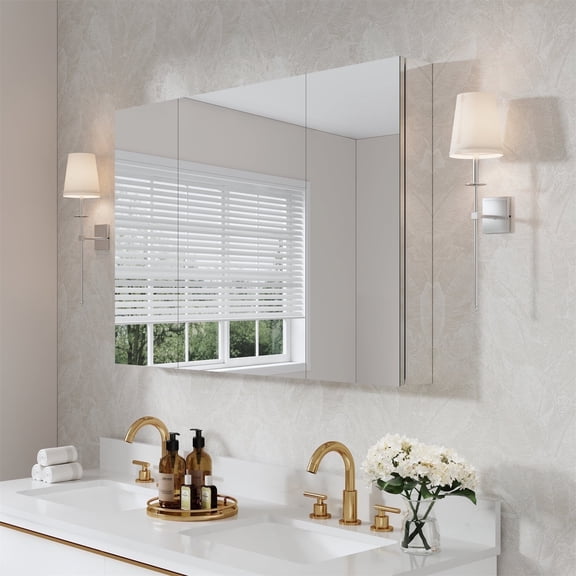 ANGELES HOME 44" x 30" Rectangle Medicine Cabinet Mirror, Surface Mount or Recessed Medicine Cabinet with Tempered Mirror, Anodized Chrome Aluminum Frame, Bathroom Mirror with Storage, Left Door