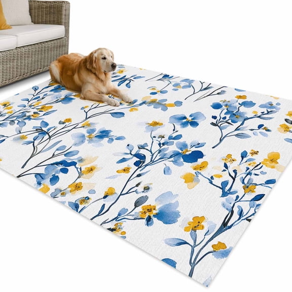 Outdoor Rug 3x5 ft Blue Yellow Florl Print Waterproof Outdoor Patio Rug Mat Non Slip Outside Area Rugs Carpet for RV,Camping,Porch,Deck,Pool,Balconybackyard,Rustic Wild Flowers Pattern