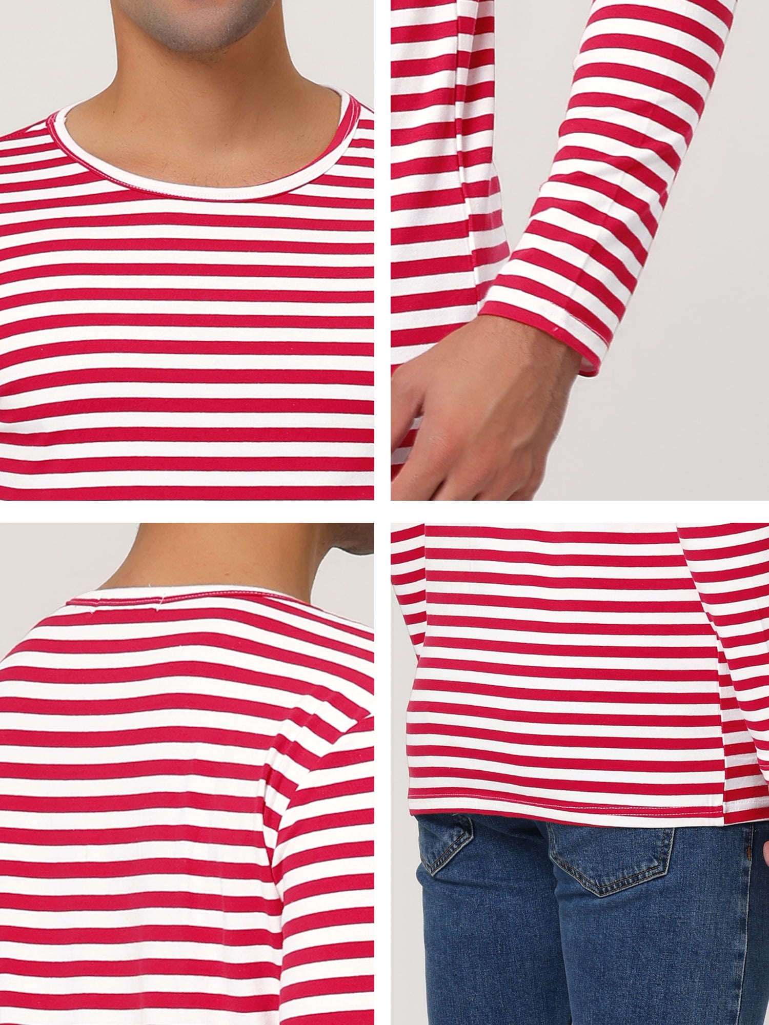 Unique Bargains Men's Long Sleeve Pullover Top Crew Neck Striped T-Shirts 38 White Red