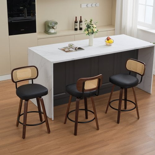 Xukmct 3 Pack Upholstered Seat Barstools with Wood Legs, 26 inch Swivel Counter Height Bar Stools for Kitchen/Dining Room/Bar, Black
