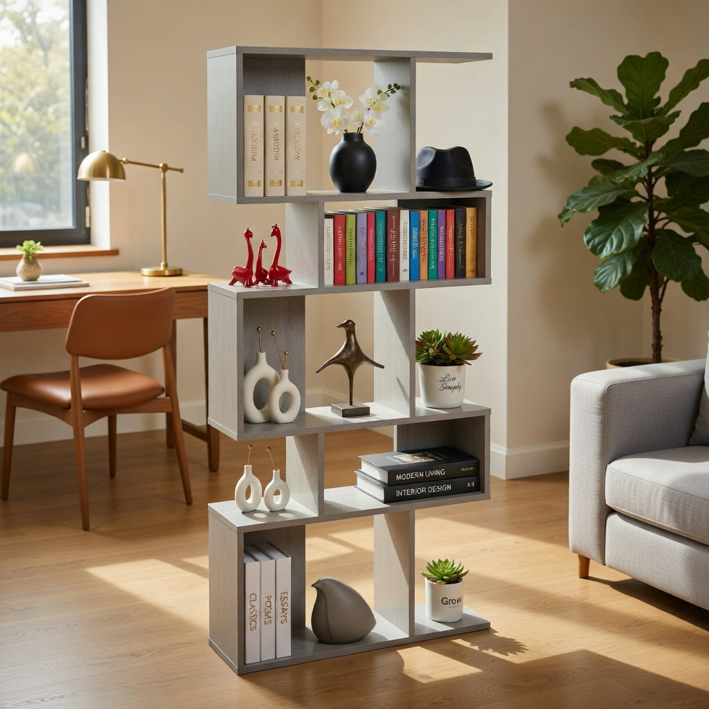 Topcobe 5 Cubes Ladder Shelf Corner Bookshelf Display Rack Bookcase, Tall Bookshelf Modern Book Case for Books, CDs, Movies, Gray