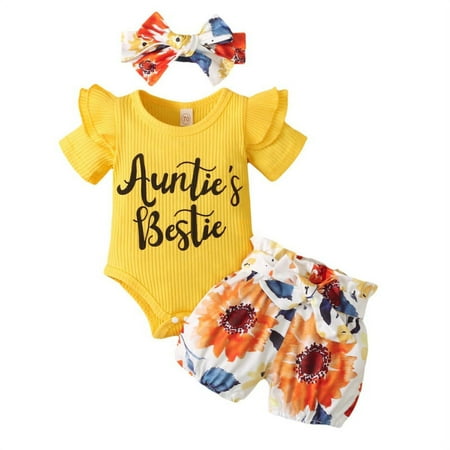 

Uccdo Baby Girls Summer Letter Print Romper Bodysuit Floral Shorts Headband 3Pcs Outfits Set 0-18 Months