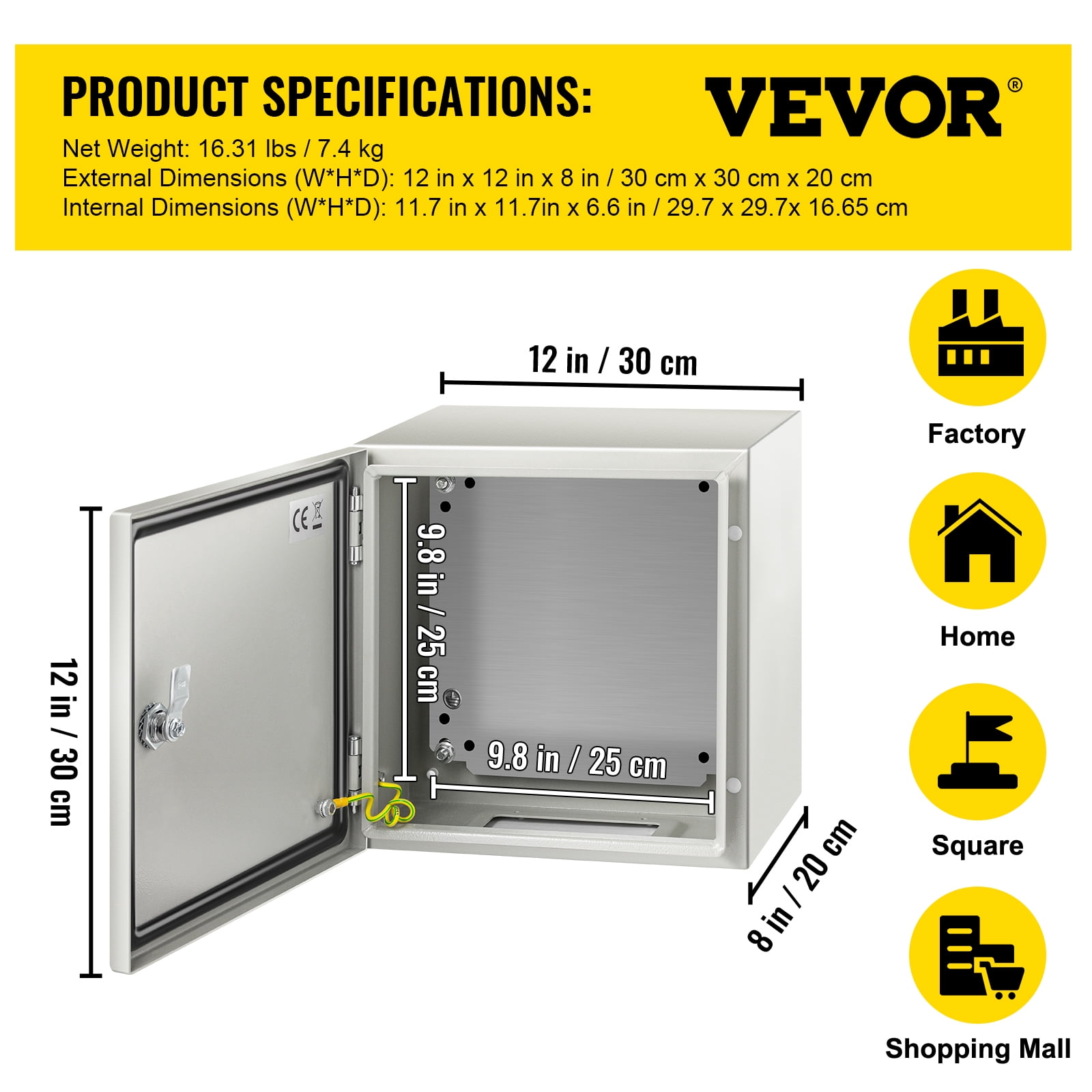 VEVOR NEMA Steel Enclosure, 12 x 12 x 8" NEMA 4X Steel Electrical Box, IP66 Waterproof & Dustproof, Outdoor/Indoor Electrical Junction Box, with Mounting Plate