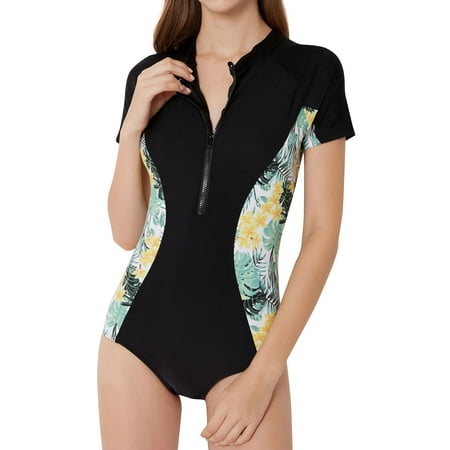 Rib Short Sleeve One Piece - Maraso Women Short Sleeve Flower Print One Piece Swimsuits Swimwear