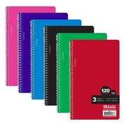 BAZIC College Ruled 3 Subject Spiral Notebooks 120 Sheets 9.5"x5.75", 6-Pack