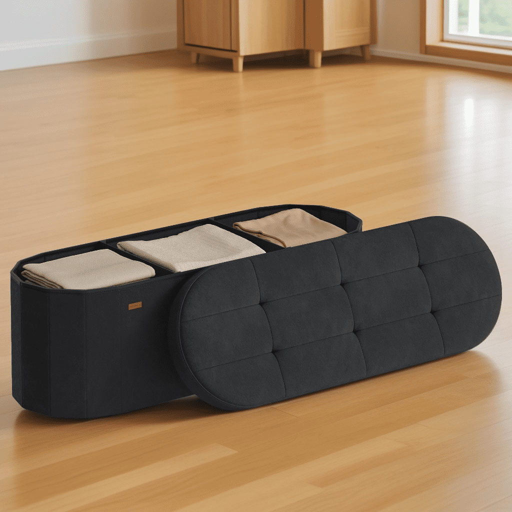 LEDREM 43" Foldable Storage Ottoman Bench, Velvet Fabric Ottoman with 2 Internal Dividers, Footrest for Bedroom Living Room, Ink Black