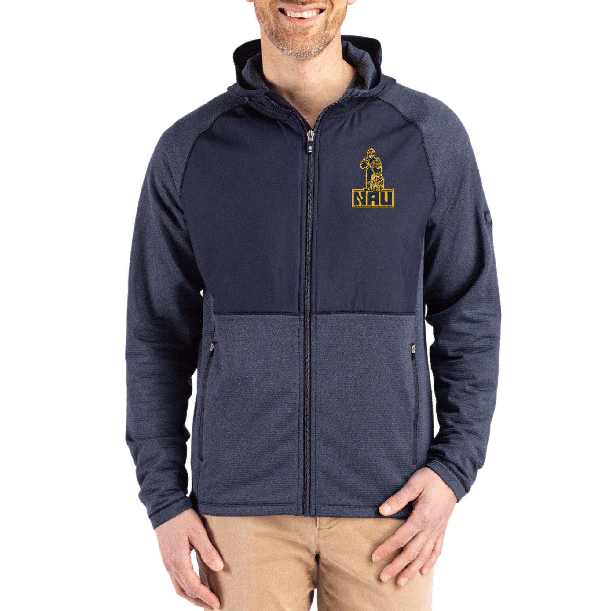 Men's Cutter & Buck Heather Navy Northern Arizona Lumberjacks Peshastin Eco Fleece Recycled Raglan Full-Zip Tri-Blend