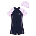 thumbnail image 3 of YONGHS Girls One Piece Zipper Swimwear Jumpsuit with Hat Sun Protection Summer Beach Swimsuit Navy Blue 13-14, 3 of 7