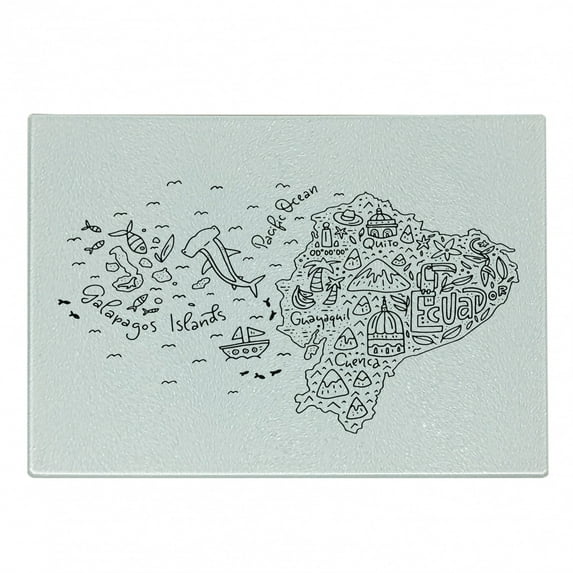Ecuador Cutting Board, Infographic Outline Doodle Country Map with Landmarks with City Names, Decorative Tempered Glass Cutting and Serving Board, in 3 Sizes, by Ambesonne
