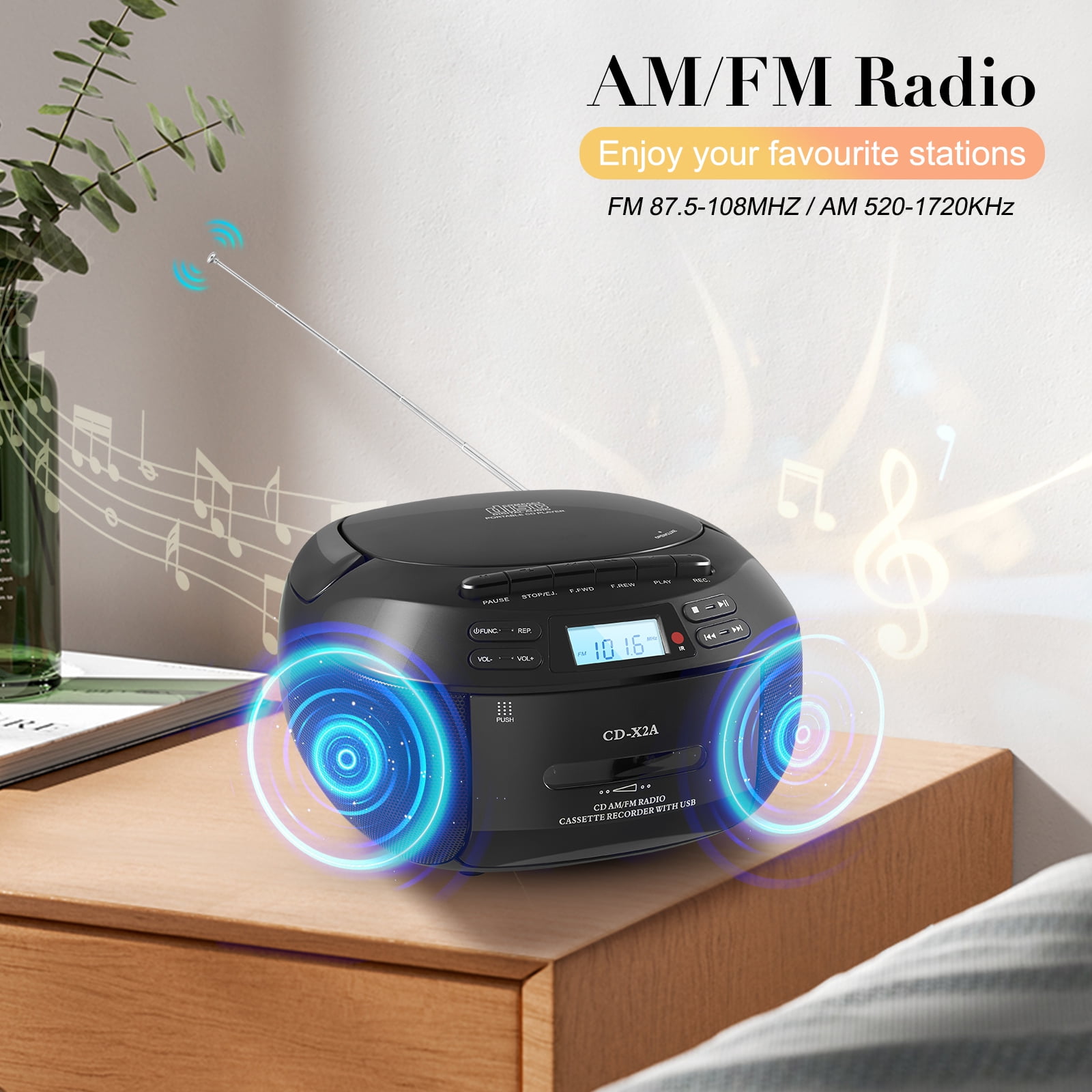 Boombox Cassette CD Player Combo with Bluetooth, AM/FM Radio for Home, Remote Control, Tape Recording, Stereo Sound.