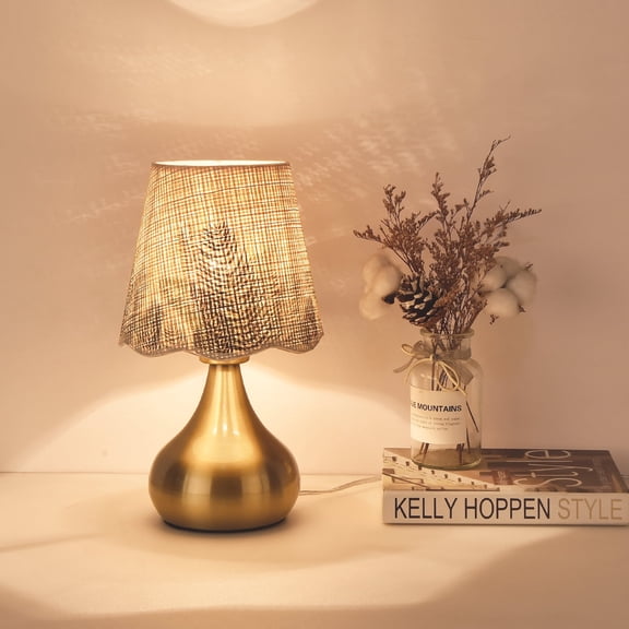 Cute Gold Bedside Table Lamp, Scalloped Woven Shade Nightstand Lamp for Small Spaces, Bedroom, Living Room and Home Office Decor