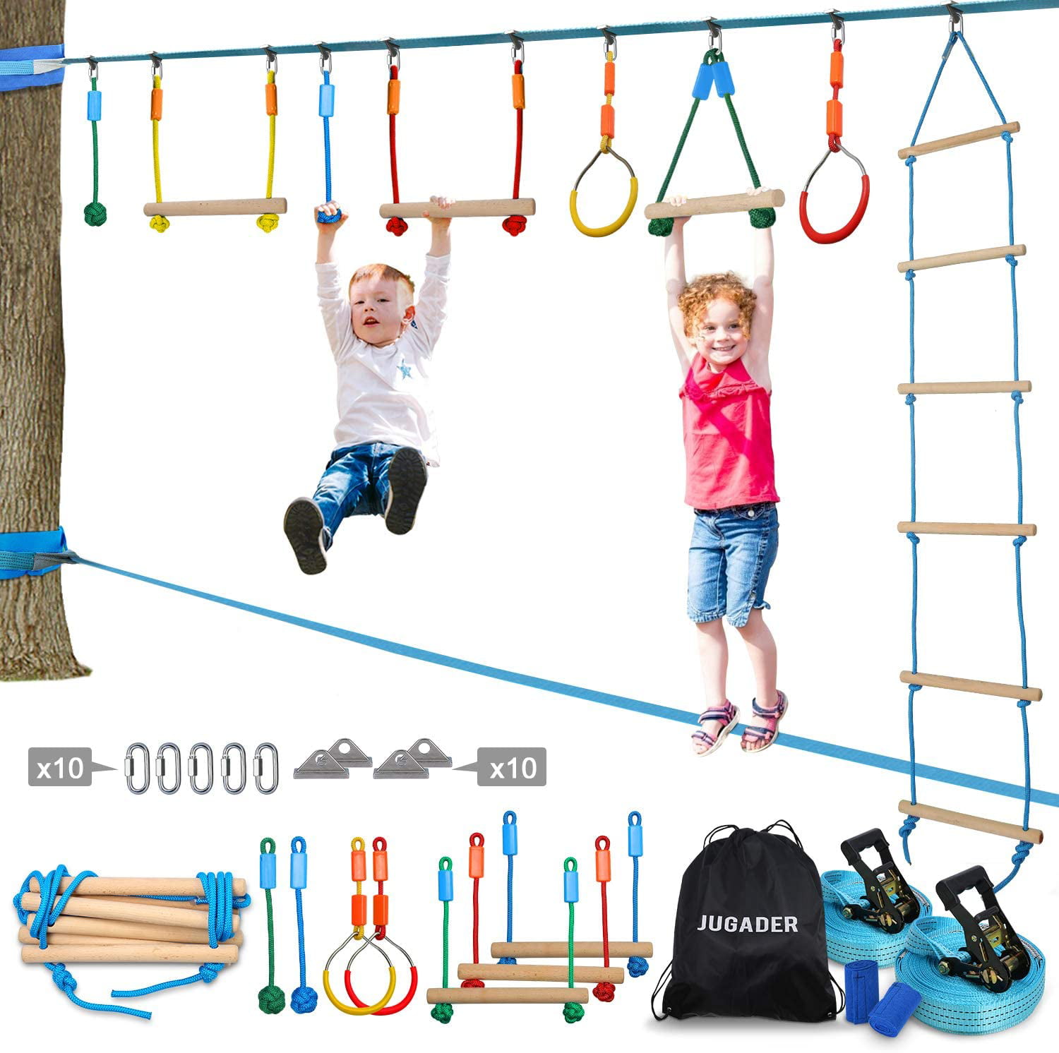 Ninja Warrior Obstacle Course for Kids Slackline Kit 50' with 8 Accessories ... 