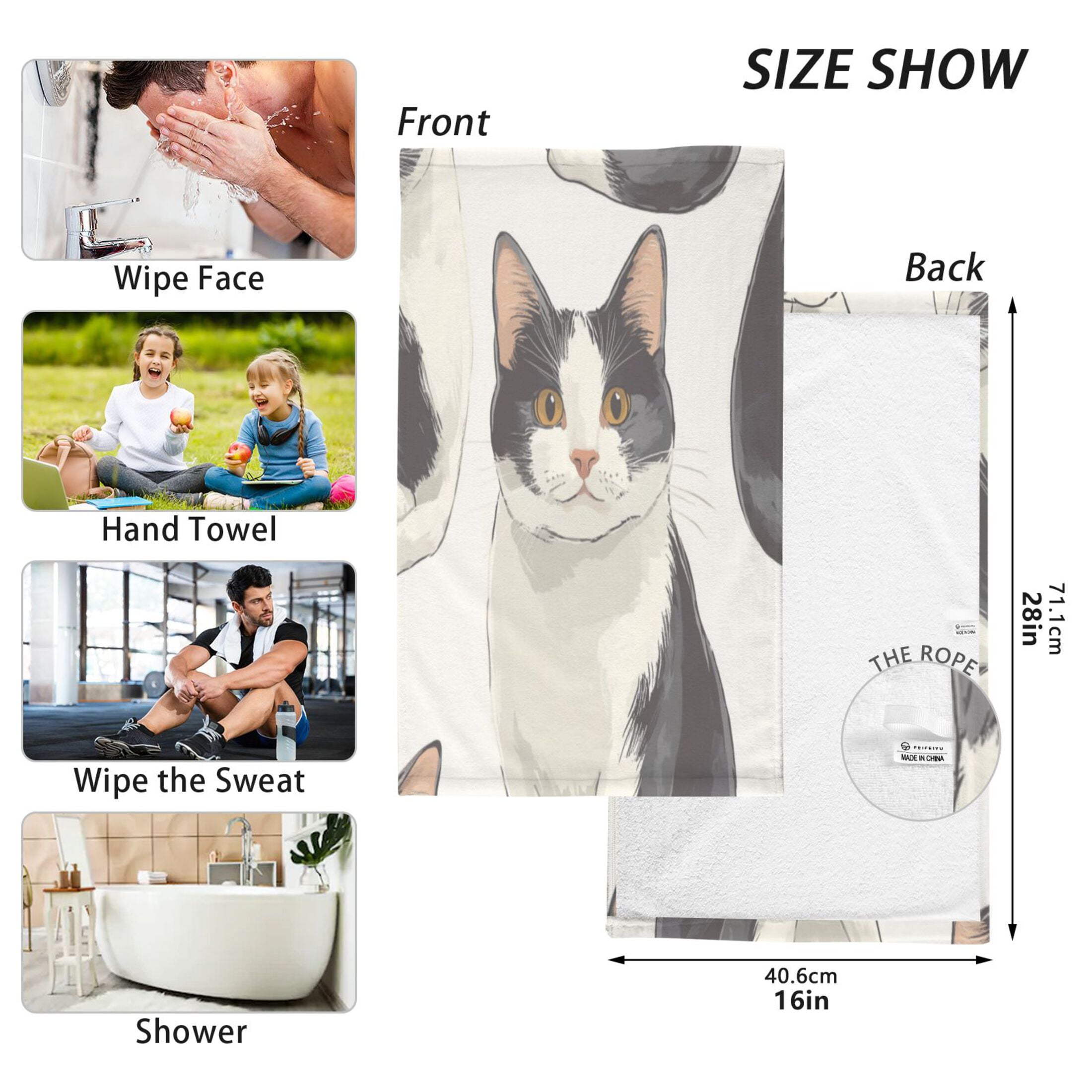 Cotton Towel Two-Piece 16x28 Inch One Sizex2 Face Towel Set Towel Set Cotton Hand Bath Towel Bathroom Beach Black and White Cat