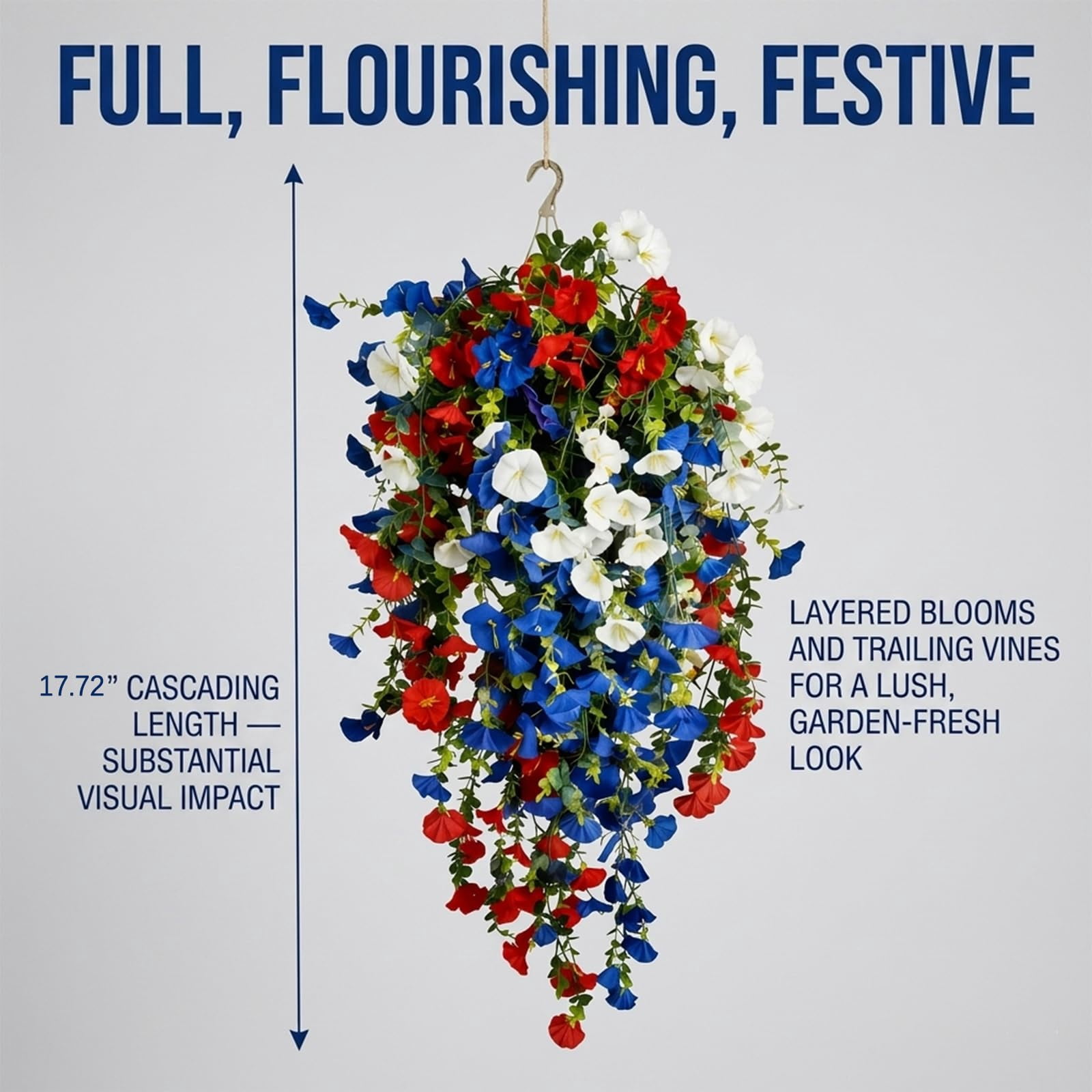 Patriotic Hanging Flower Baskets, 4th of July Decoration Tricolor Patriotic Artificial Flower, Large Hanging Baskets with Artificial Flowers Red White Blue, for Porch, Yard, Table