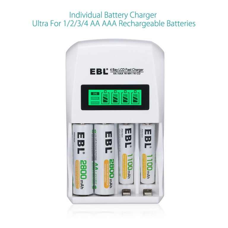 EBL 4-Pack 2300mAh Rechargeable AA Batteries + LCD Smart Battery Charger  for Ni-CD Ni-MH AA AAA Battery 
