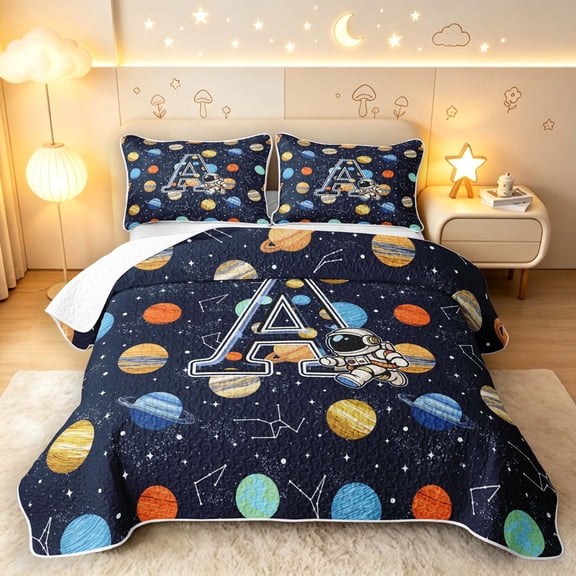 Manfei Cartoon Astronaut Letter A Twin Quilt Set,Celestial Space Planets Twin Coverlet Set,Navy Blue Reversible,2 Pieces,1 Bedspread and 1 Pillowcase