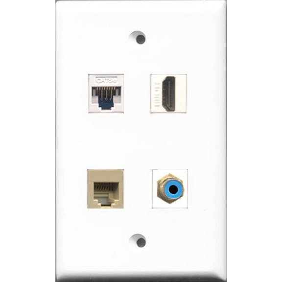 RiteAV - 1 Port HDMI and 1 Port RCA Blue and 1 Port Phone RJ11 RJ12 Beige and 1 Port Cat5e Ethernet White Wall Plate