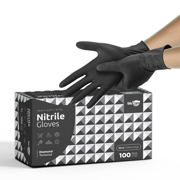 WeCare Nitrile Gloves 8 Mil - Heavy Duty Gloves with Diamond Texture Grip - Powder and Latex Free Disposable Gloves - XL - 100 Count - Black