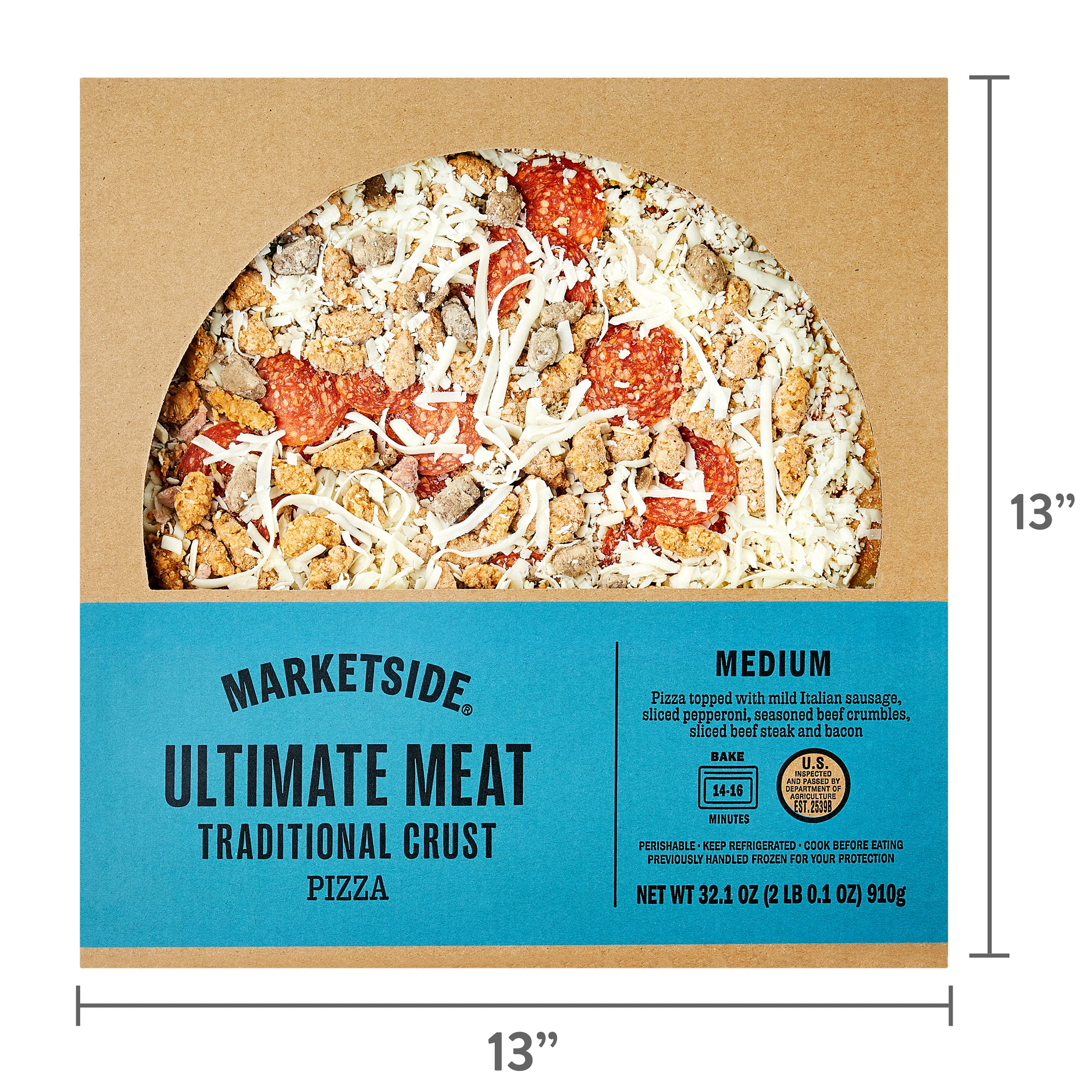 Marketside Ultimate Meat Traditional Crust Pizza, Marinara Sauce, Medium, 12 in, 32.1 oz (Fresh)