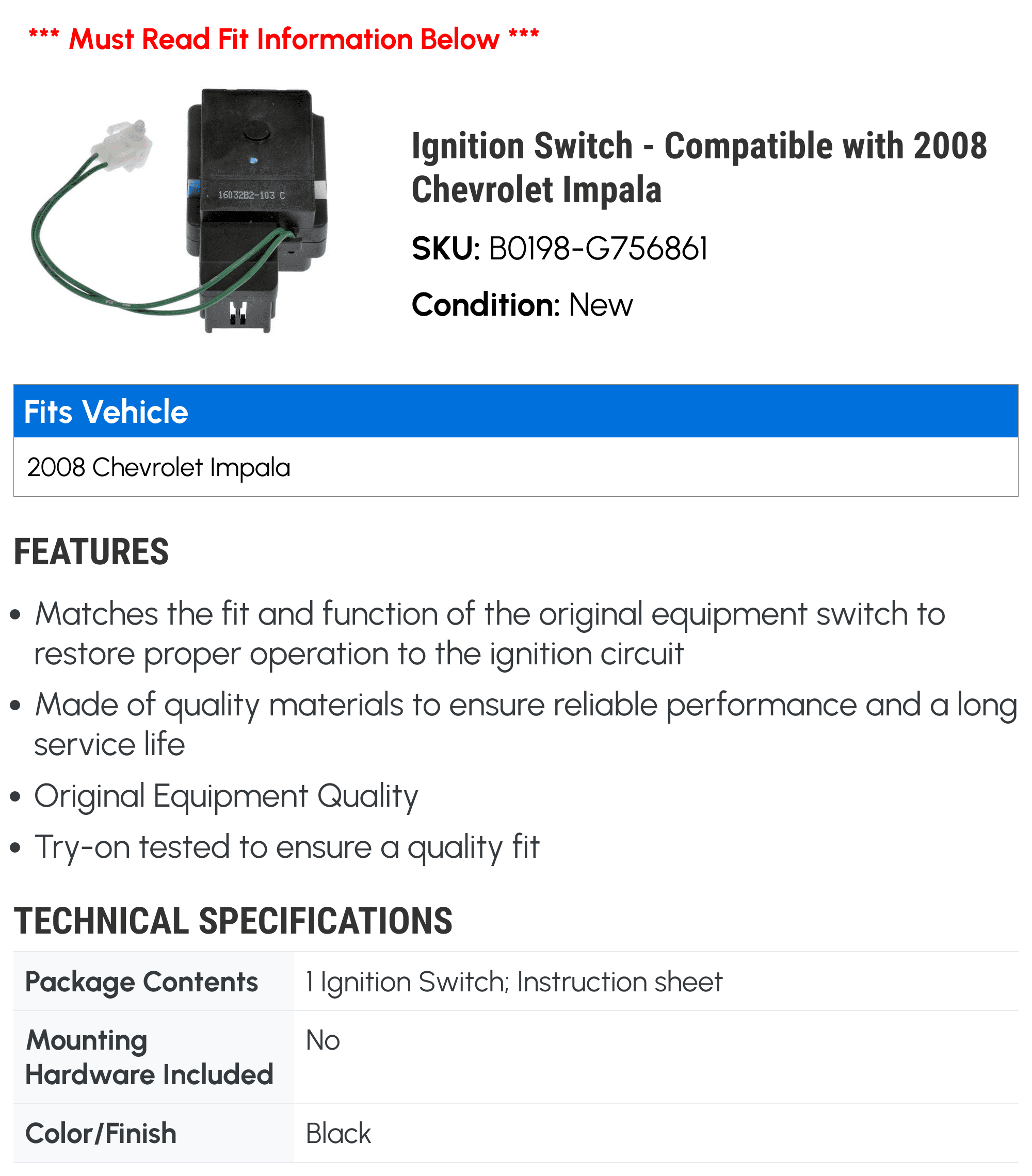 Ignition Switch - Compatible with 2008 Chevrolet Impala - Dorman