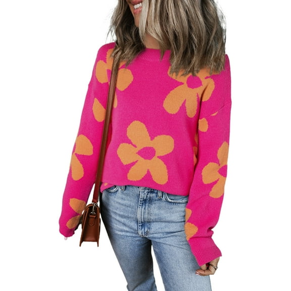 Women's Rose Big Flower Pattern Mock Neck Long Sleeve Sweater
