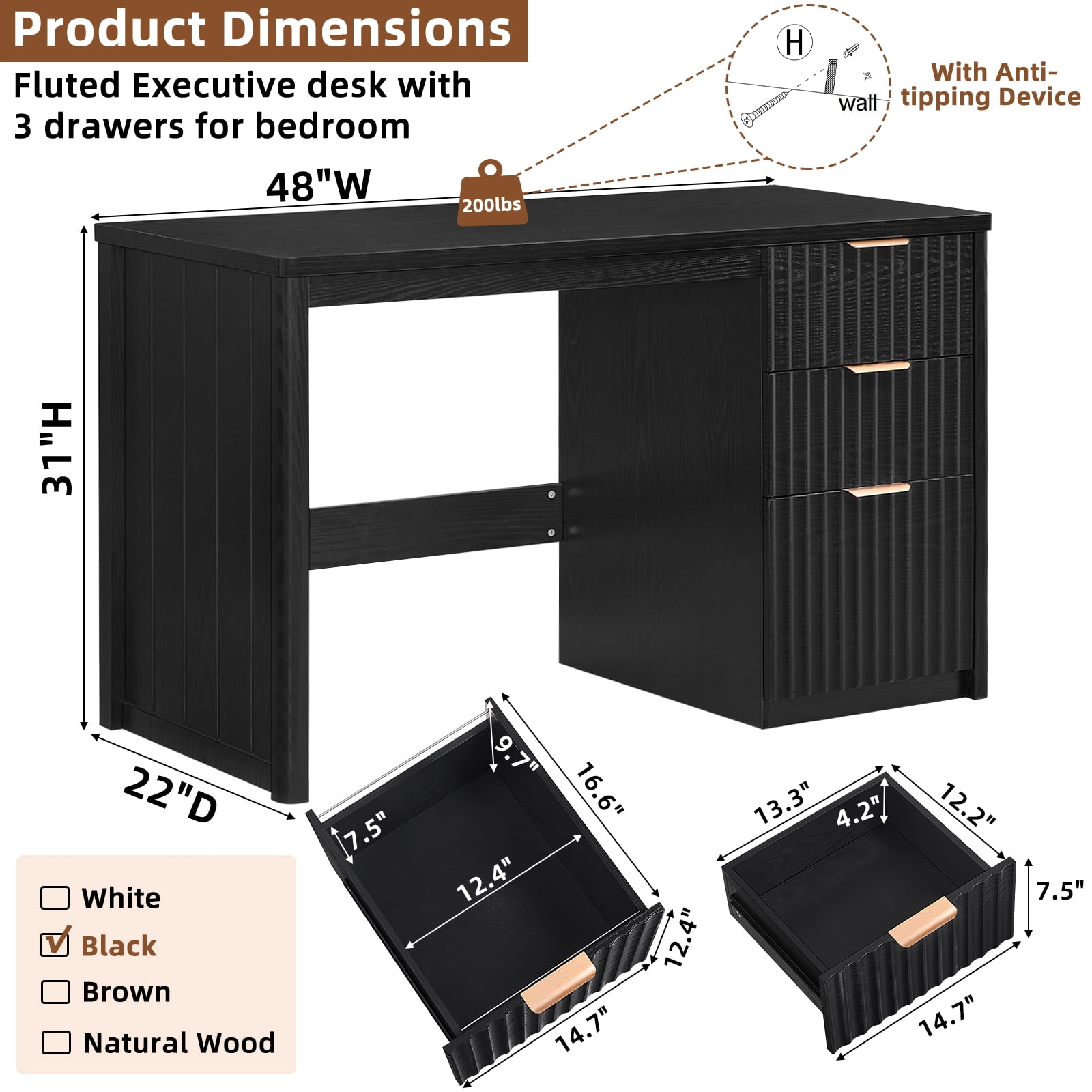 48" Fluted Executive Desk, Modern Wood Computer Writing Desk Home Office Desk with Metal Handles, Writing Table Storage Cabinet for Study, Black