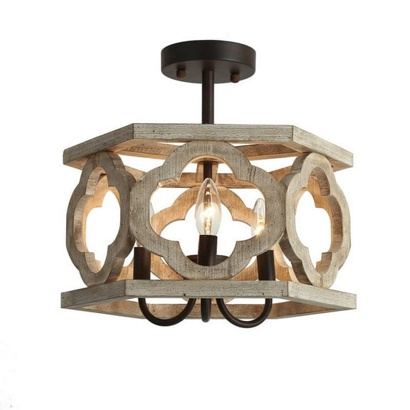 LNC 3-Light Wood and Rustic Bronze Drum LED Semi Flush Mount, Modern Farmhouse Style