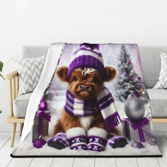 Highland Cow Print Throw, Purple Western Farmhouse Blanket, Longhorn Cattle Fleece Blanket with Daisy Flower Sherpa, Cowboy Gifts for Women & Men
