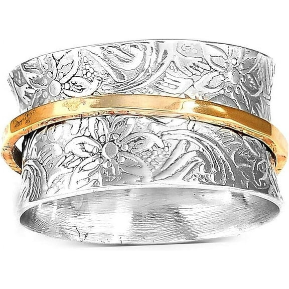 925 Sterling Silver Spinner Ring for Women with Brass Fidget Ring Flowers Band