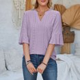 thumbnail image 4 of pimelu Womens Tops T Shirts for Women Lightweight Hollow out Ruffle Sleeve Tunic Tops Summer Fashion Solid Tee Tops Girls V-Neck Elbow-Length Blouses, 4 of 6