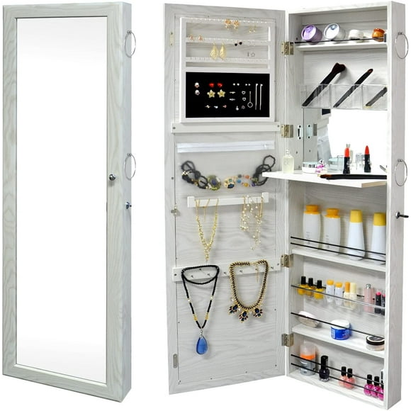 SortWise Lockable Jewelry Armoire Cabinet with Mirror and Security Lock, White