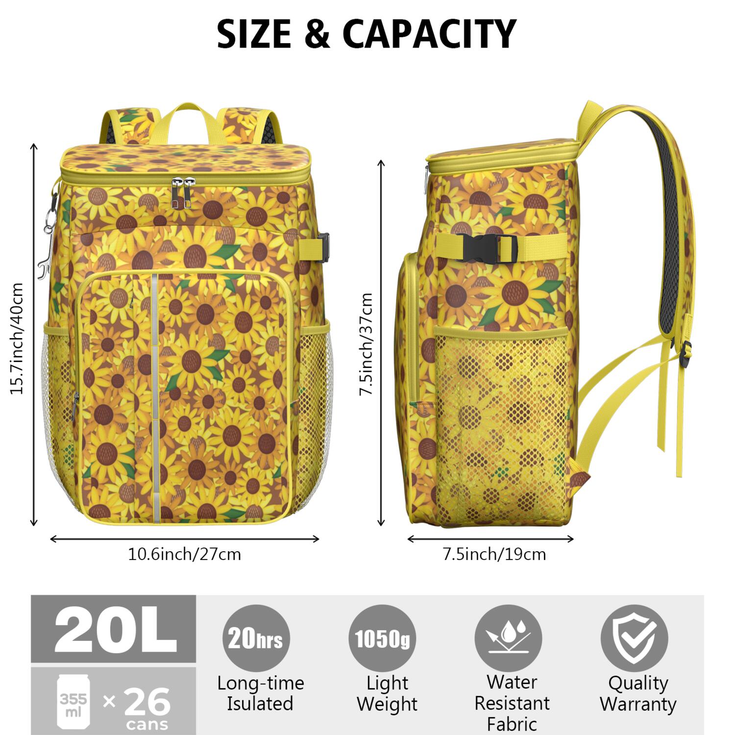 Travel Cooler Bag - Sunflower Camping Beer Cooler Backpack with Bottle Opener- Waterproof Insulated Picnic Backpacks - Cooler Bag for Beach
