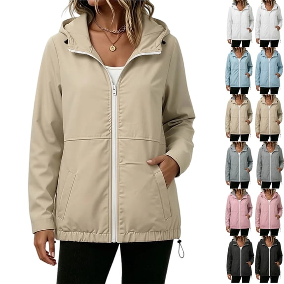 Gealkoca Women's Waterproof Sun Protection Hooded Jacket, Solid Color Drawstring Windbreaker for Outdoor Casual Wear, S-XXL