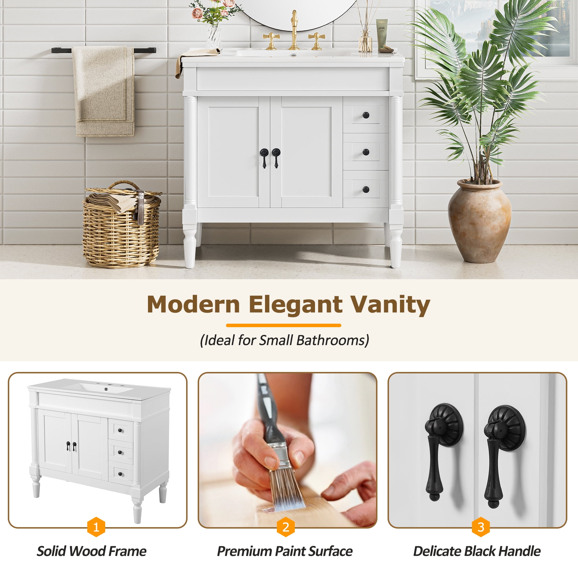 Euroco 36" Bathroom Vanity with Ceramic Sink, Standard Drawers, Soft Close Doors, Adjustable Shelves, Modern Storage Cabinet for Small and Medium Bathrooms