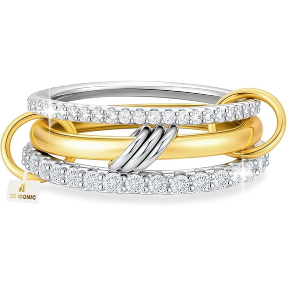 Wrongduck 18K Gold Plated Stackable Rings for Women, Silver and Gold Mixed Metal CZ Ring Set, Dainty Non-Tarnish Linked Bands for Engagement, Wedding, Birthday, Gifts