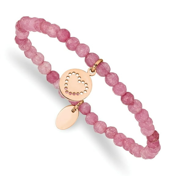 Primal Steel Stainless Steel Polished Rose IP-plated Heart Pink Jade Stretch Bracelet