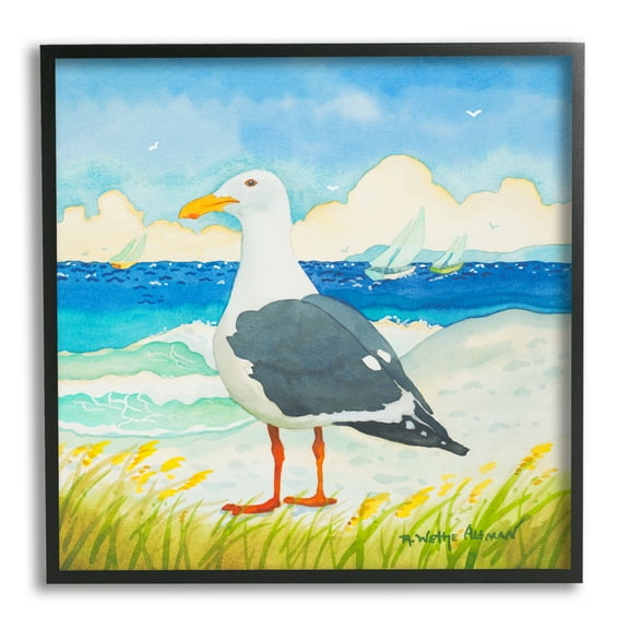 Stupell Industries Seagull on Beach Painting Animals & Insects Painting Black Framed Art Print Wall Art, 12 x 12