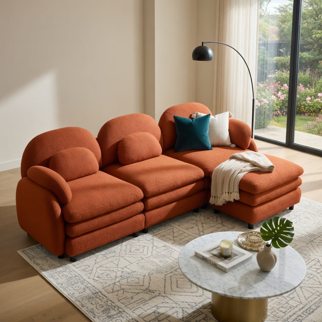 Hommoo Teddy Fleece 4-Seat Modular Sectional Sofa, Cloud-Like Double-Layer Cushions, Curved Backrest & Armrest, Movable Ottoman, Lumbar Support Pillows, Orange